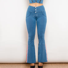 Load image into Gallery viewer, 301831WLBSFLJB Shascullfites Melody Light Blue Striped Flared Lift Jeggings Button Up