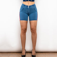 Load image into Gallery viewer, 40866MLBLJSS Shascullfites Melody Shorts Middle Waist Dark Thread Light Blue Jeans with Stripe