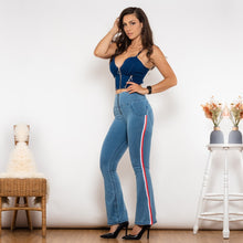 Load image into Gallery viewer, T411&81006 Shascullfites Melody Shaper Set High Waist Dark Thread Light Blue Flare Jeans with Strip Flare Pants Set Sexy 2 Pieces Set