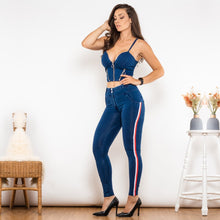 Load image into Gallery viewer, T827 Shascullfites Melody Shaper Set Middle Waist Dark Thread Dark Blue Jeans with Stripe Jeans Set Sexy Denim Pants 2 Pieces Set