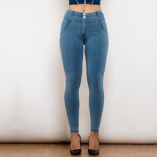 Load image into Gallery viewer, 831MWDLblueJS Shascullfites Melody Middle Waist Dark Thread Light Blue Jeans with Stripe