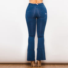 Load image into Gallery viewer, 1005DBMJF Shascullfites Mid Waist Dark Thread Blue Flare Jeans