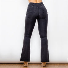 Load image into Gallery viewer, 1008BHJF Shascullfites High Waist Dark Thread Black Flare Jeans