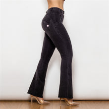 Load image into Gallery viewer, 1009BMJF Shascullfites Mid Waist Dark Thread Black Flare Jeans