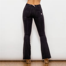 Load image into Gallery viewer, 1009BMJF Shascullfites Mid Waist Dark Thread Black Flare Jeans