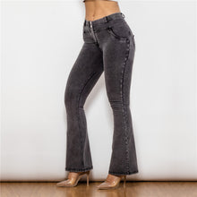 Load image into Gallery viewer, 1011GMJF Shascullfites Mid Waist Dark Thread Grey Flare Jeans