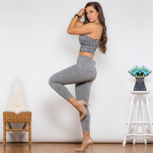 Load image into Gallery viewer, 419GPSH&58058WGSSMLP Shascullfites Melody Body Shaper Suit Grey Plaid Zipper Push Up Top Middle Waist Plaid Bum Lifing Pants 2 Pieces Set