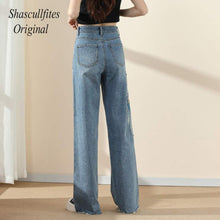 Load image into Gallery viewer, OR05 Shascullfites Original Embroidery Straight Loose Blue Women Jeans Wide Leg Fashion Pants Over Size Jeans