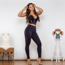 Load image into Gallery viewer, T2123 Shascullfites Melody Body Shaper Set Black Cotton Set Zipper Tanks Crop Top High Waist Black Butt Lift Leggings Pant Sets