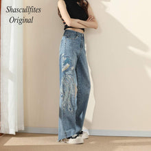 Load image into Gallery viewer, OR05 Shascullfites Original Embroidery Straight Loose Blue Women Jeans Wide Leg Fashion Pants Over Size Jeans