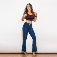 Load image into Gallery viewer, 1005DBMJF Shascullfites Mid Waist Dark Thread Blue Flare Jeans