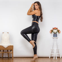 Load image into Gallery viewer, T12012 Shascullfites Melody Body Shaper Set Black Pu Leather Zipper Push Up Top High Waist Matt Black Leather Leggings Pant Sets