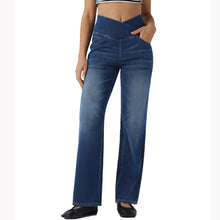 Load image into Gallery viewer, Shascullfites High Waist Dark Blue Wash Stretch Denim Jeans for Women Soft Casual Straight Crossover Fit with Pockets
