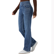 Load image into Gallery viewer, Shascullfites High-Waisted Bootcut Jeans Pull-On Tummy Control Multiple Pockets Blue Washed Stretchy Knit Casual Jeans