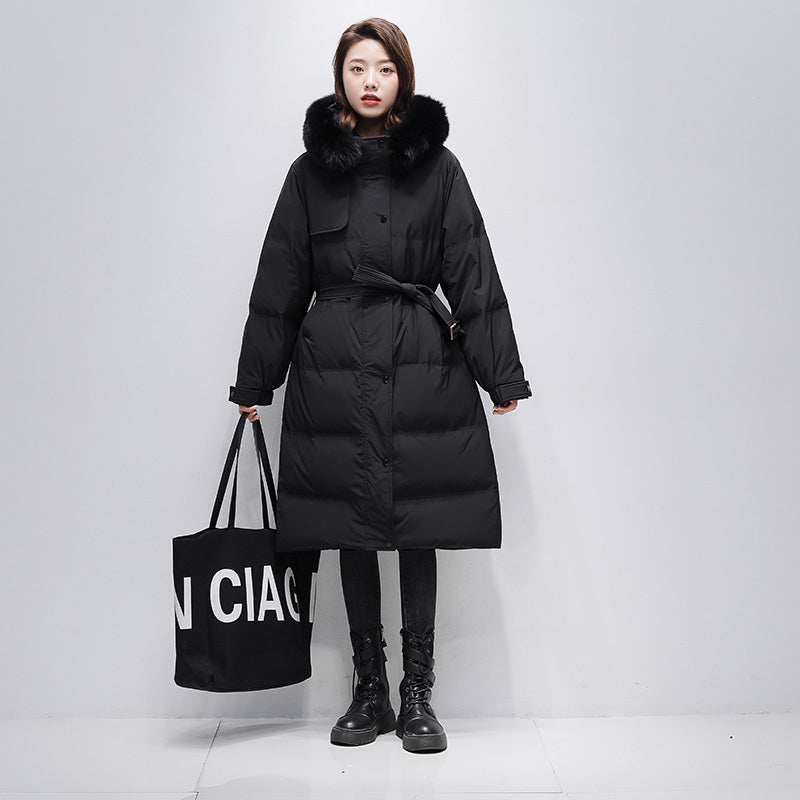 21HW0124 Shascullfites Melody Fur Collar Hooded Belted Coat 90% White Duck Down Long Down Jacket Woman Trend 2024 Women Winter Coat