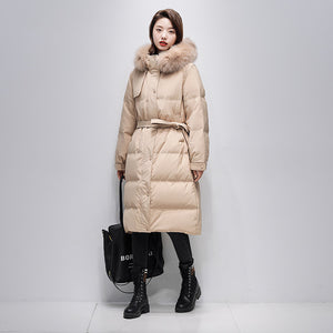 21HW0124 Shascullfites Melody Fur Collar Hooded Belted Coat 90% White Duck Down Long Down Jacket Woman Trend 2024 Women Winter Coat