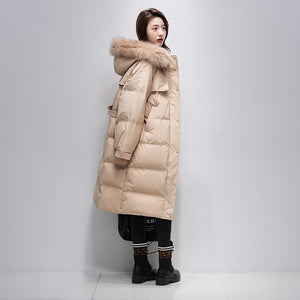 21HW0124 Shascullfites Melody Fur Collar Hooded Belted Coat 90% White Duck Down Long Down Jacket Woman Trend 2024 Women Winter Coat