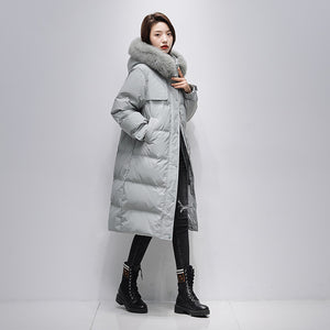 21HW0124 Shascullfites Melody Fur Collar Hooded Belted Coat 90% White Duck Down Long Down Jacket Woman Trend 2024 Women Winter Coat