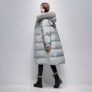 21HW0124 Shascullfites Melody Fur Collar Hooded Belted Coat 90% White Duck Down Long Down Jacket Woman Trend 2024 Women Winter Coat