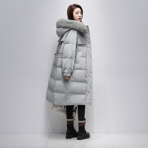 21HW0124 Shascullfites Melody Fur Collar Hooded Belted Coat 90% White Duck Down Long Down Jacket Woman Trend 2024 Women Winter Coat