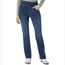 Load image into Gallery viewer, Shascullfites Pull on Tummy Control High Waisted Multiple Pockets Dark Blue Washed Stretchy Knit Casual Bootcut Jeans