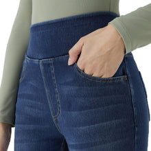 Load image into Gallery viewer, Shascullfites Pull on Tummy Control High Waisted Multiple Pockets Dark Blue Washed Stretchy Knit Casual Bootcut Jeans
