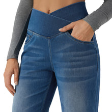 Load image into Gallery viewer, Shascullfites Blue Wash High Waist Women's Jeans Stretch Denim Jeans Soft Casual Straight Jeans Crossover