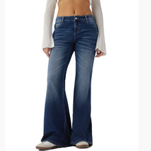 Load image into Gallery viewer, Shascullfites Low Rise Flare Jeans Dark Blue Washed Casual Jeans with Pocket Stretch Slim Fit Women Trouser