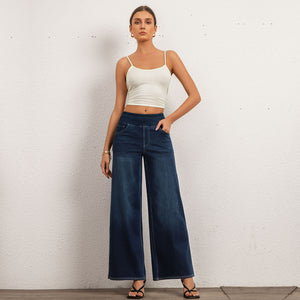 FSLS2082LWidejsDB Shascullfites Multiple Pockets Washed Strecthy Knit Baggy Wide Leg Dark Blue Casual Jeans