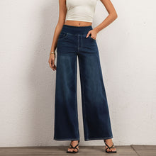 Load image into Gallery viewer, FSLS2082LWidejsDB Shascullfites Multiple Pockets Washed Strecthy Knit Baggy Wide Leg Dark Blue Casual Jeans