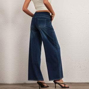FSLS2082LWidejsDB Shascullfites Multiple Pockets Washed Strecthy Knit Baggy Wide Leg Dark Blue Casual Jeans