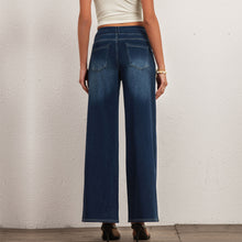 Load image into Gallery viewer, FSLS2082LWidejsDB Shascullfites Multiple Pockets Washed Strecthy Knit Baggy Wide Leg Dark Blue Casual Jeans