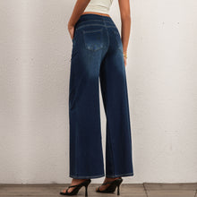 Load image into Gallery viewer, FSLS2082LWidejsDB Shascullfites Multiple Pockets Washed Strecthy Knit Baggy Wide Leg Dark Blue Casual Jeans