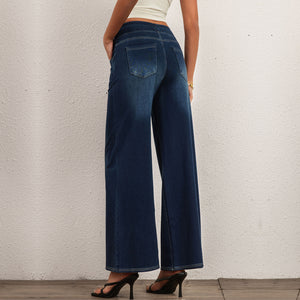 FSLS2082LWidejsDB Shascullfites Multiple Pockets Washed Strecthy Knit Baggy Wide Leg Dark Blue Casual Jeans