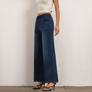 FSLS2082LWidejsDB Shascullfites Multiple Pockets Washed Strecthy Knit Baggy Wide Leg Dark Blue Casual Jeans