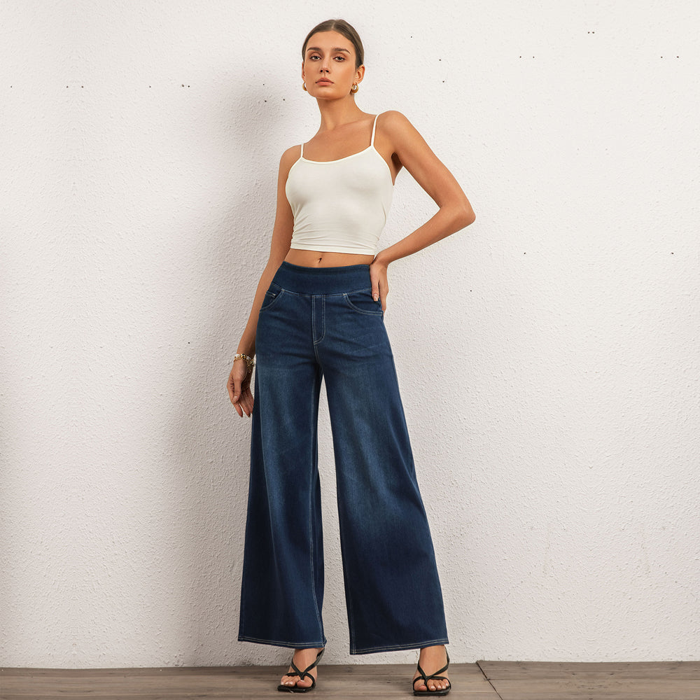 FSLS2082LWidejsDB Shascullfites Multiple Pockets Washed Strecthy Knit Baggy Wide Leg Dark Blue Casual Jeans