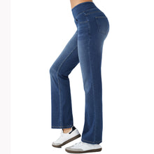 Load image into Gallery viewer, Shascullfites High Waisted Tummy Control Bootcut Jeans Blue Washed Stretchy Knit Casual Multiple Pockets Pull-On