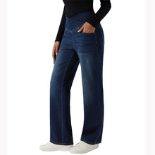 Load image into Gallery viewer, Shascullfites High Waisted Tummy Control Dark Blue Casual Straight Leg Jeans Crossover Design with Pockets for Women
