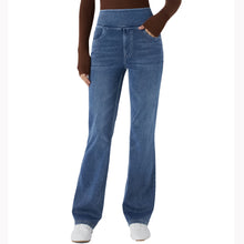 Load image into Gallery viewer, Shascullfites High-Waisted Bootcut Jeans Pull-On Tummy Control Multiple Pockets Blue Washed Stretchy Knit Casual Jeans