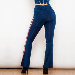 81004DBHJFS Shascullfites Melody High Waist Dark Thread Dark Blue Flare Jeans with Stripe