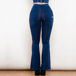 81004DBHJFS Shascullfites Melody High Waist Dark Thread Dark Blue Flare Jeans with Stripe