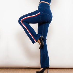 81004DBHJFS Shascullfites Melody High Waist Dark Thread Dark Blue Flare Jeans with Stripe