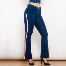 Load image into Gallery viewer, 81005DBMJFS Shascullfites Melody Mid Waist Dark Thread Blue Flare Jeans with Stripe