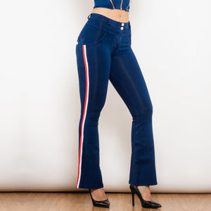 81005DBMJFS Shascullfites Melody Mid Waist Dark Thread Blue Flare Jeans with Stripe