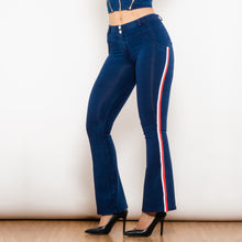 Load image into Gallery viewer, 81005DBMJFS Shascullfites Melody Mid Waist Dark Thread Blue Flare Jeans with Stripe