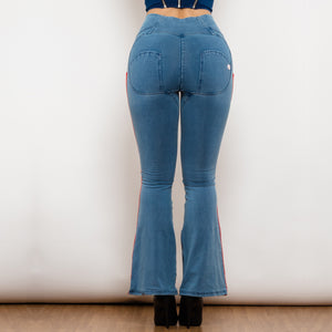 81006LBHJFS Shascullfites Melody High Waist Dark Thread Light Blue Flare Jeans with Stripe