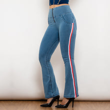 Load image into Gallery viewer, 81006LBHJFS Shascullfites Melody High Waist Dark Thread Light Blue Flare Jeans with Stripe