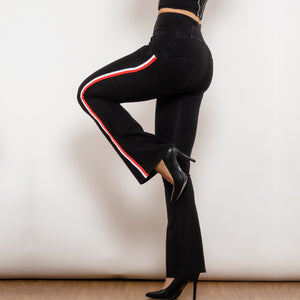 81008BHJFS Shascullfites Melody High Waist Dark Thread Black Flare Jeans with Stripe