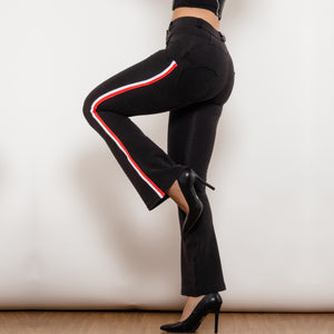 81009BMJFS Shascullfites Melody High Waist Dark Thread Light Blue Flare Jeans with Stripe