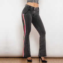 Load image into Gallery viewer, 81011GMJFS Shascullfites Melody Mid Waist Dark Thread Grey Flare Jeans with Stripe
